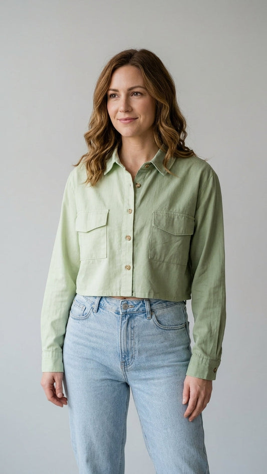 Forever 21 Two-Tone Cropped Button-Up Shirt in  half Green half olive green women