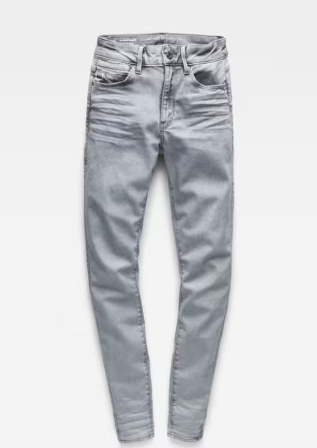 Front view of gray skinny jeans featuring five pockets against a white background.
