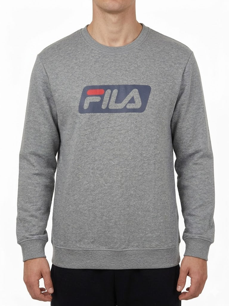 Man wearing Fila grey logo crewneck sweatshirt
