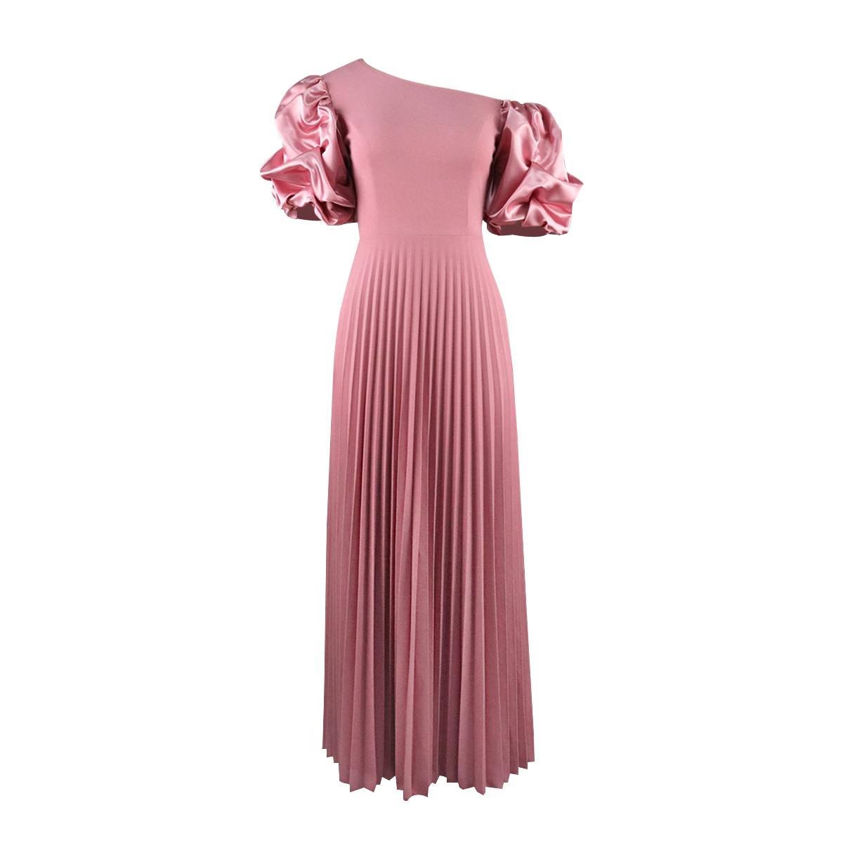 AOMEI Pink Pleated Dresses Short Puff Sleeve A Line Floor-Length Outfits