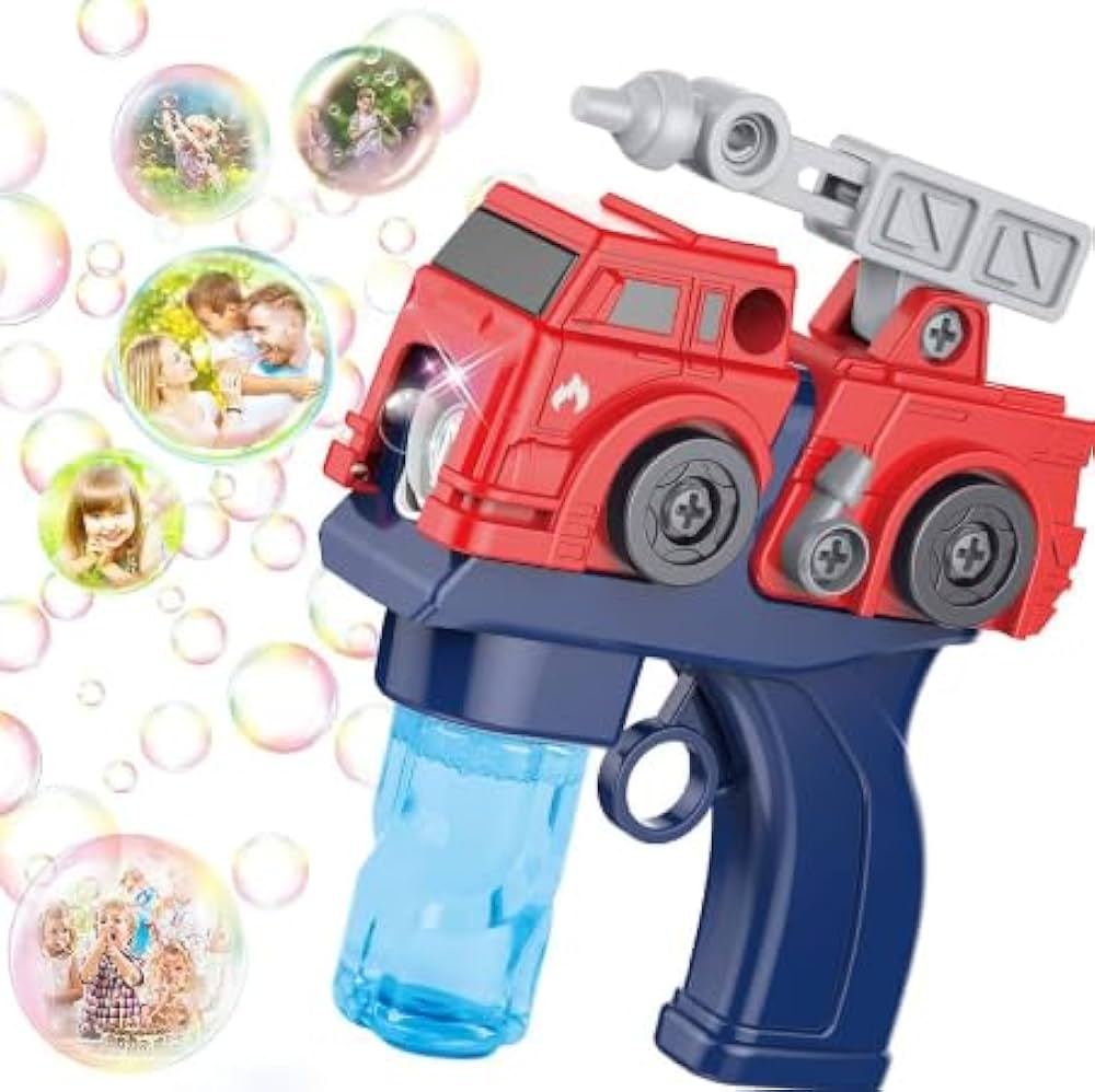 Toy bubble gun shaped like a fire truck with bubbles and photos in the background