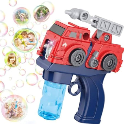 Toy bubble gun shaped like a fire truck with bubbles and photos in the background