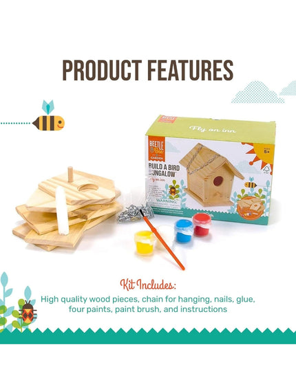 Toysmith Beetle & Bee Build A Bird Bungalow - DIY Kid Art Craft Outdoor Birdhouse Kit, 6" x 4" 6", Hardware glue included- 4 Paints, 1 Brush, 7 Wooden Pcs, Chain for Tree Hanging, Age 5+