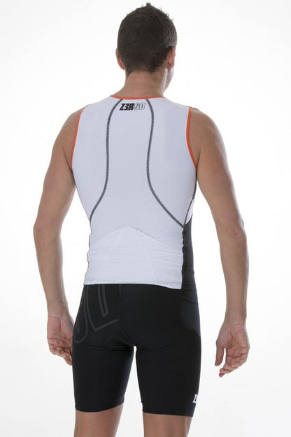 Man wearing ZEROD white tri singlet, back view