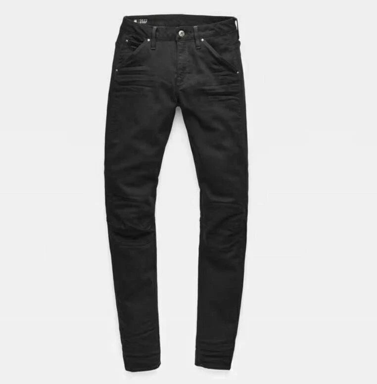 Front view of the black skinny jeans featuring a slim fit and five pockets on a white background.