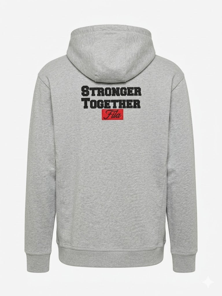 Back of Fila grey hoodie with Stronger Together print