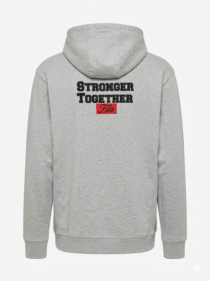 Back of Fila grey hoodie with Stronger Together print
