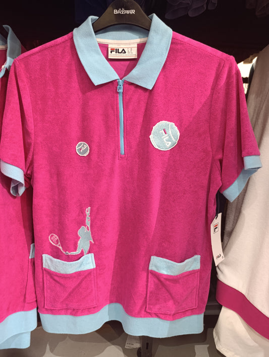 Fila pink terry polo shirt with light blue trim and zip collar on hanger