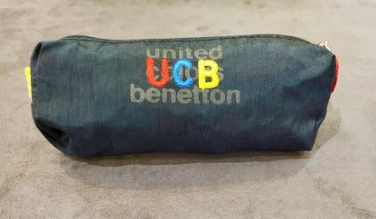 United Colors of Benetton navy pencil case with colourful UCB logo, front view