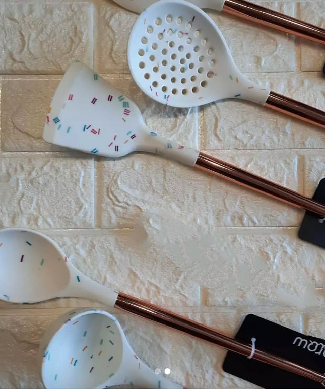 Arow Servappetit Ceramic Rose 5PC Utensil Set w/Crock, Copper & Nylon, White & Rose Color