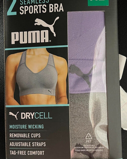 SIZE: XL - Puma Women's Seamless Active Performance Support Sports Bra 2 Pack Grey and Purple
