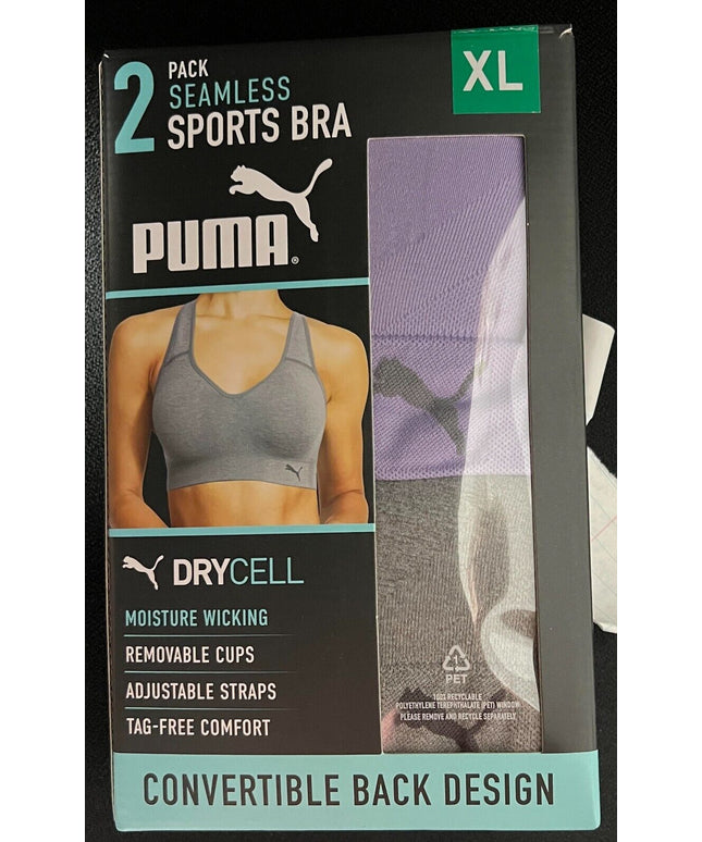 SIZE: XL - Puma Women's Seamless Active Performance Support Sports Bra 2 Pack Grey and Purple