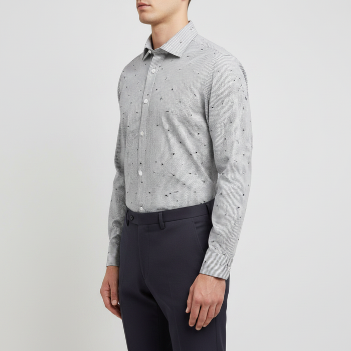 Clearance of Sacoor Brothers Shirt – Men's Grey Stripe & Cross Motif