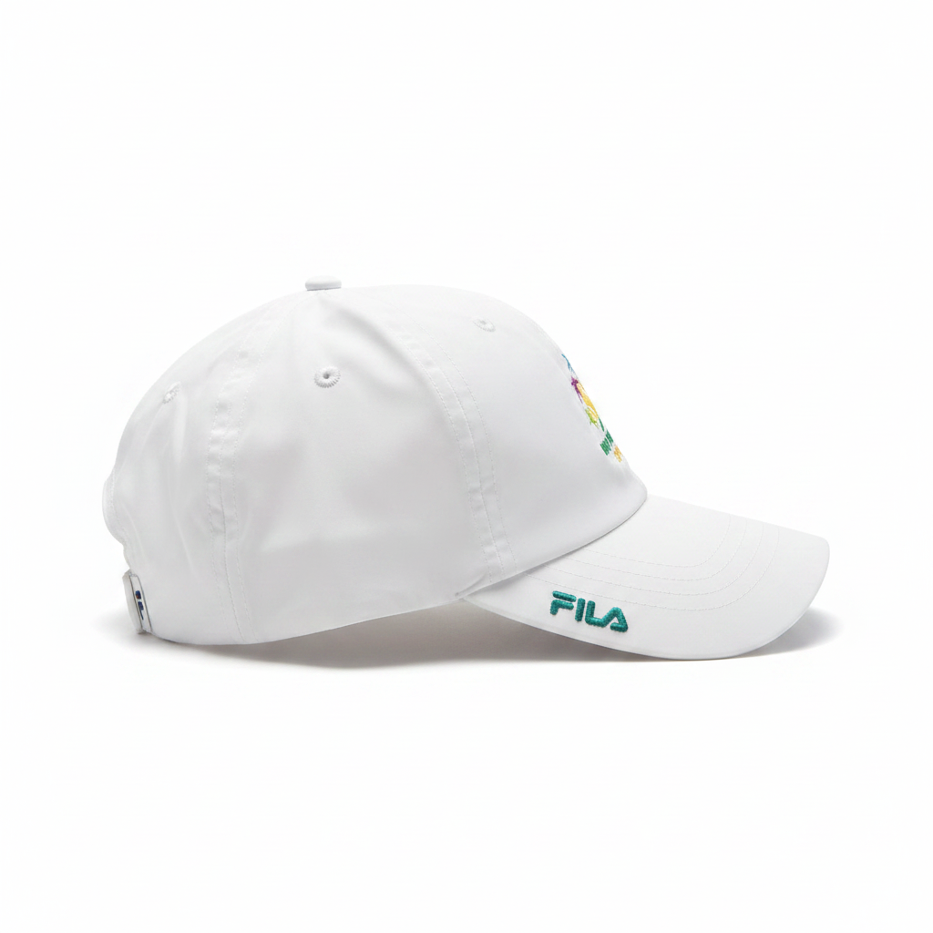 Fila white cap, side view with logo