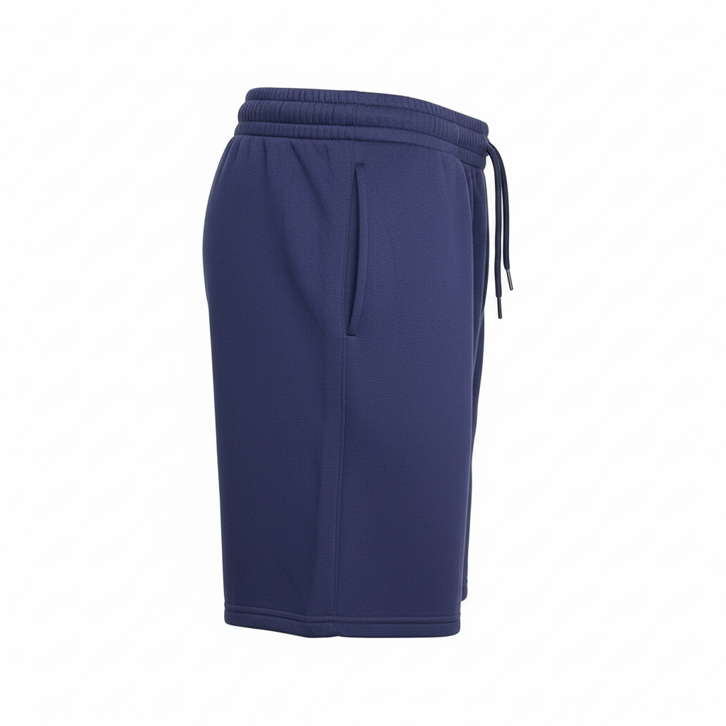 Fila navy shorts, side view with drawstring