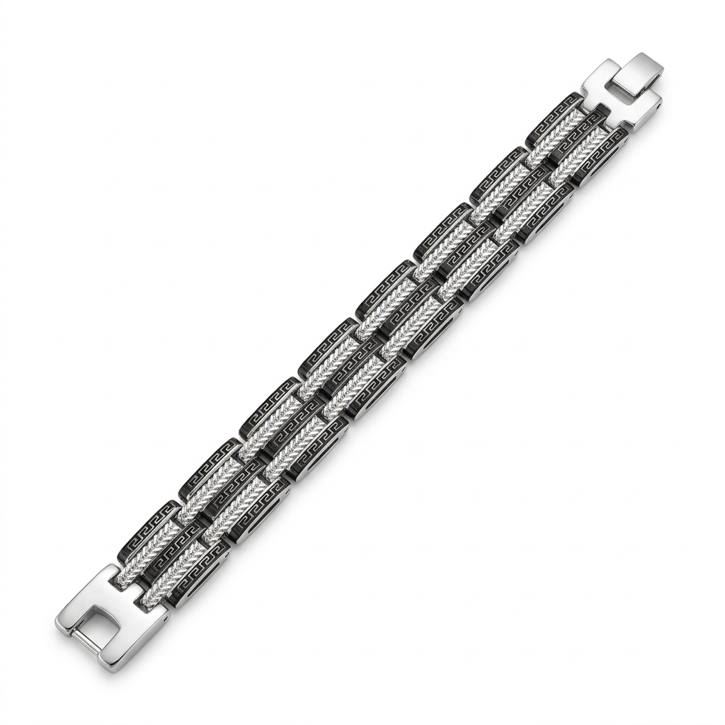 Men's stainless steel bracelet with black and silver links, top view