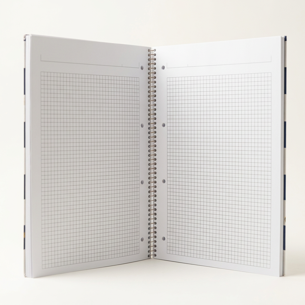 Spiral notebook open to show grid-ruled pages