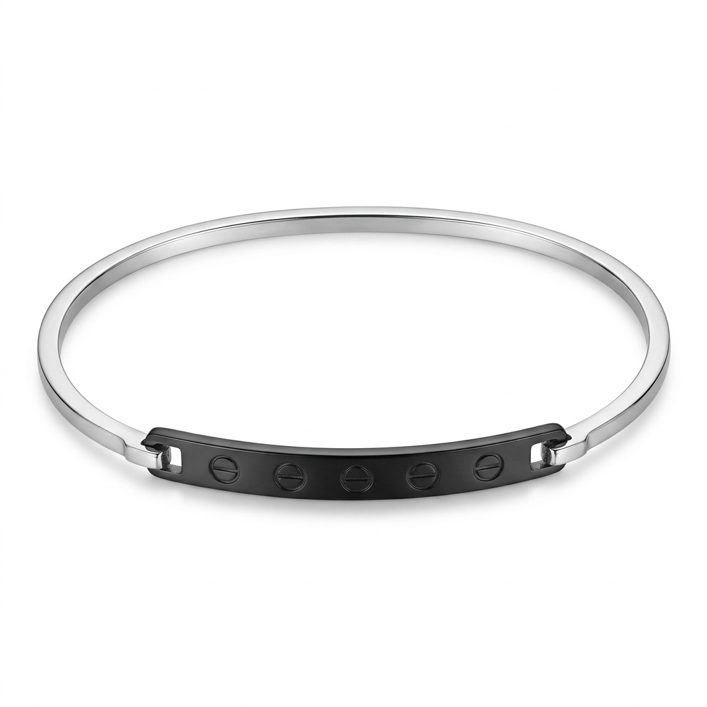 Women's stainless steel bangle bracelet with black engraved bar, top view