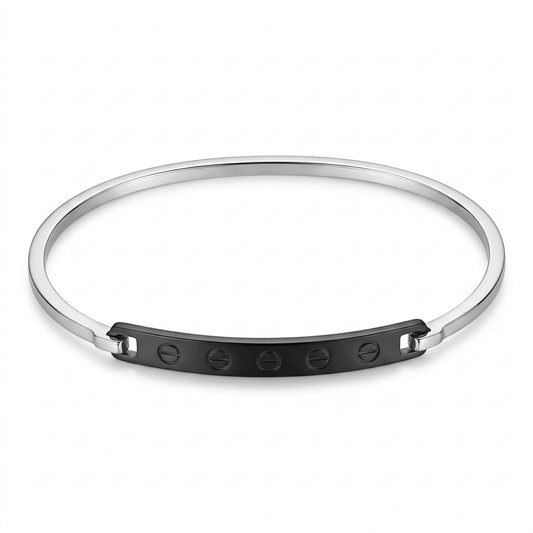 Studio-style product photo of your silver-tone and black bangle