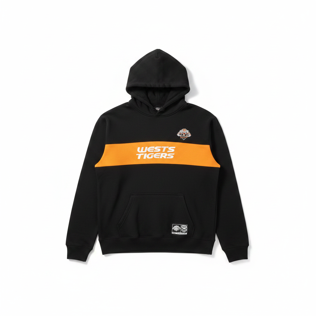 NRL Wests Tigers black hoodie with orange chest band
