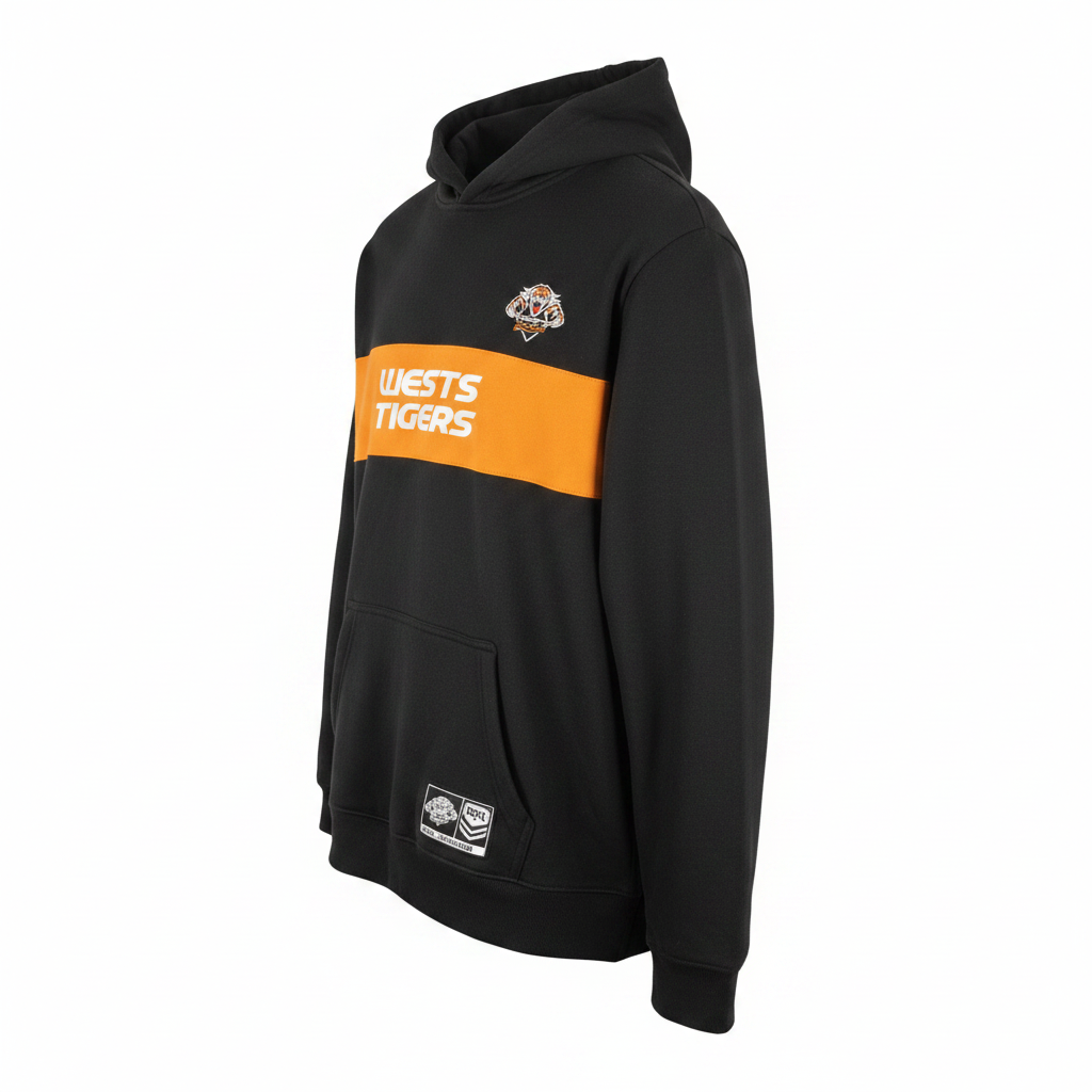 NRL Wests Tigers black hoodie, angled view