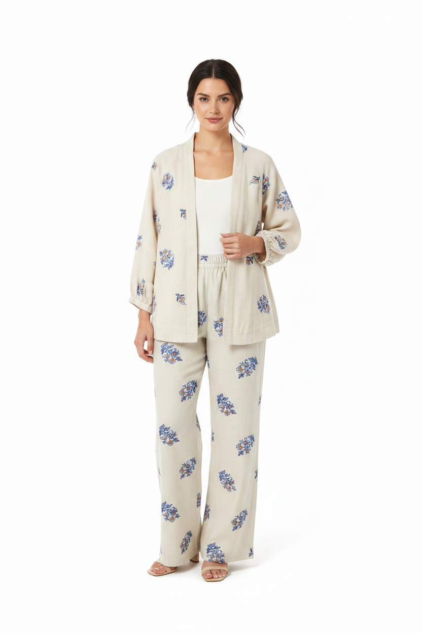 Woman in Cream Floral Co-ord Set