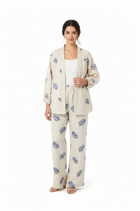 Woman in Cream Floral Co-ord Set