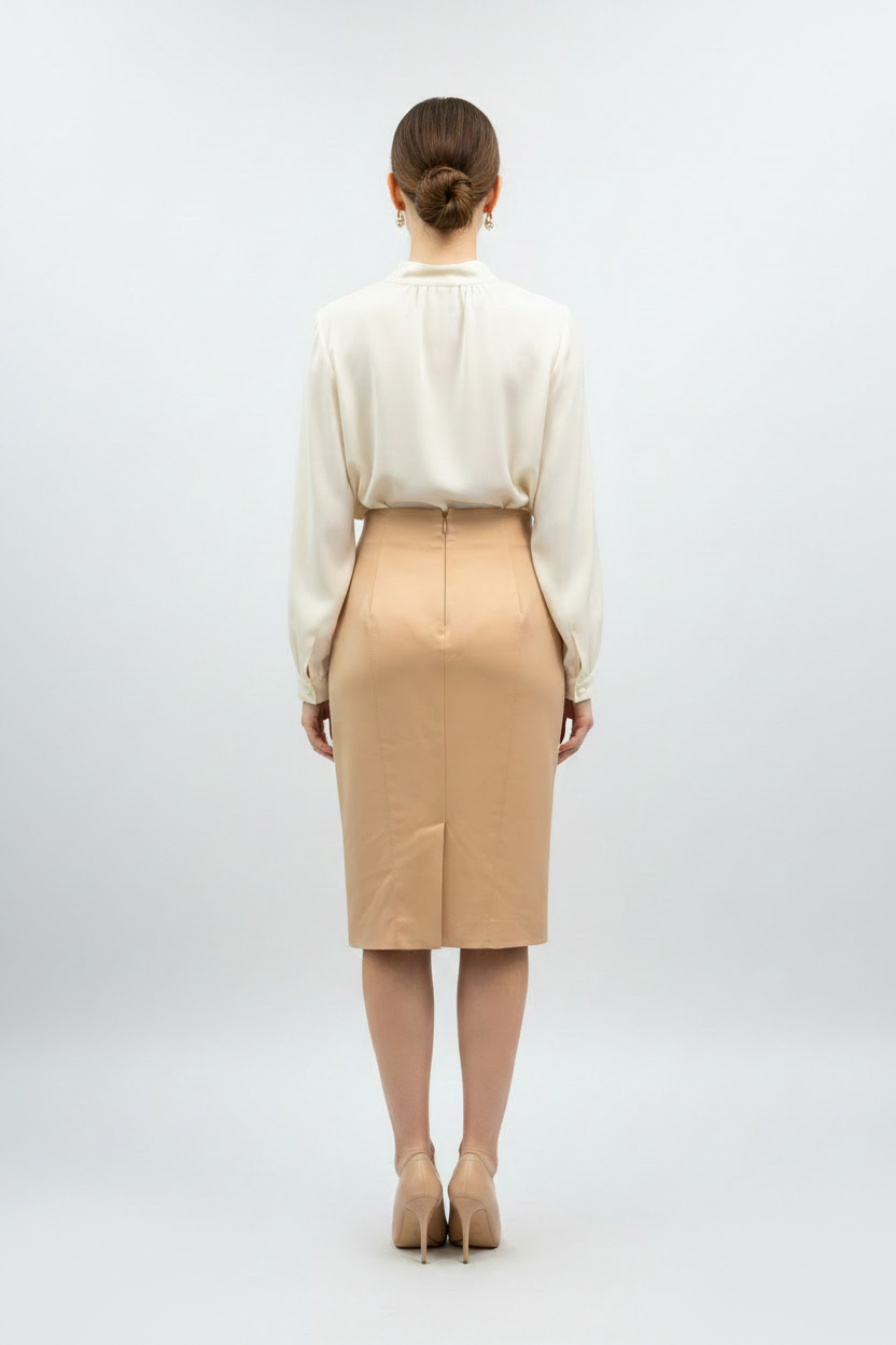 Woman wearing camel pencil skirt - back corrected