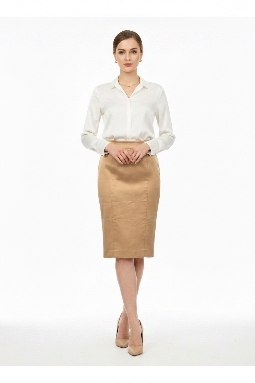 Woman wearing camel pencil skirt - front corrected