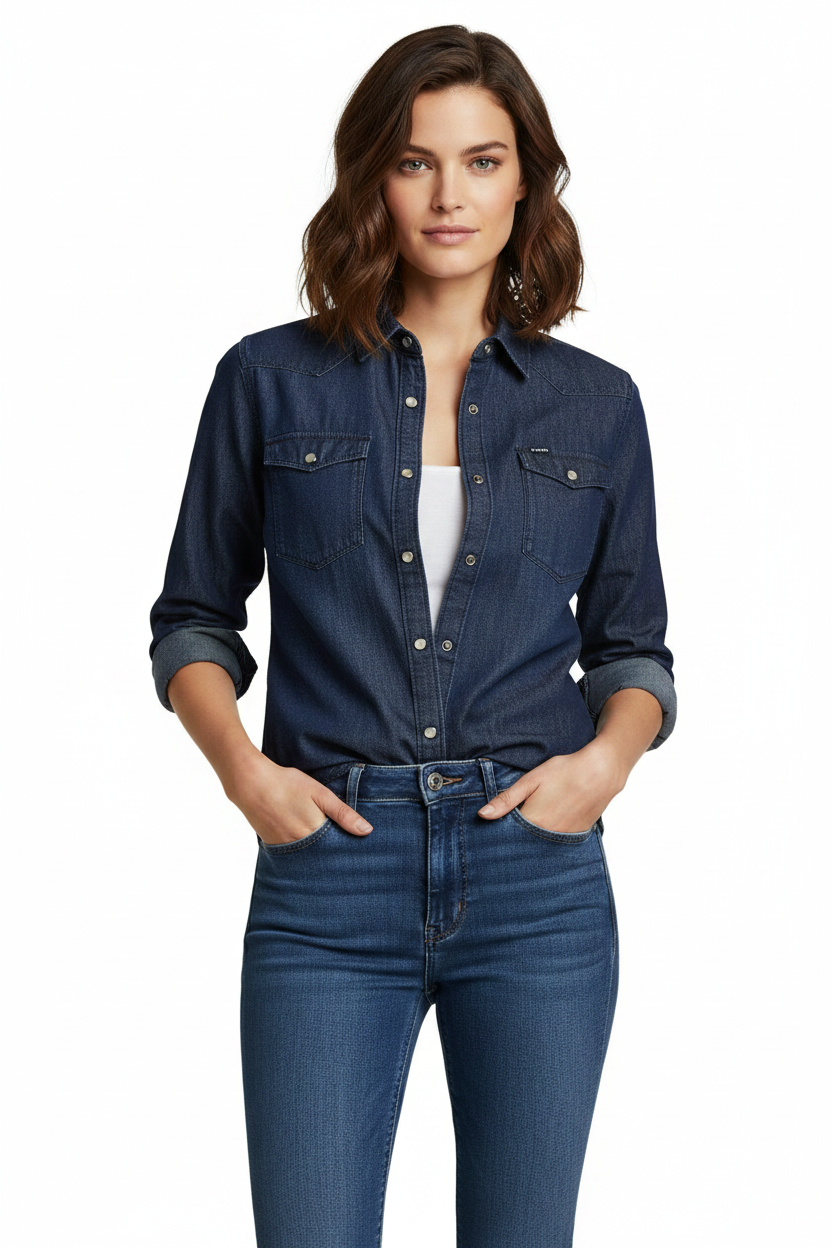 Woman wearing denim shirt