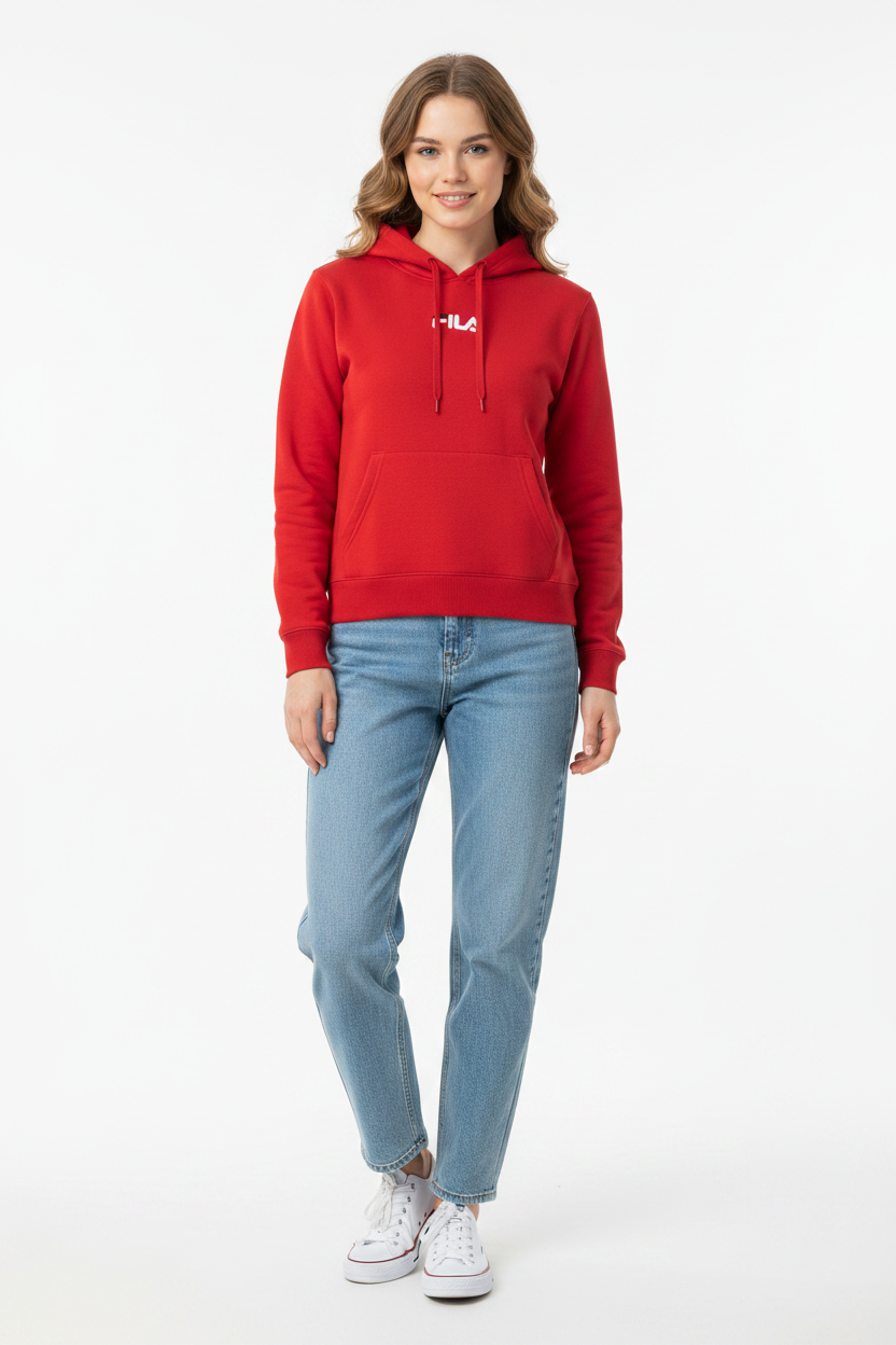 Woman wearing FILA Red Hoodie - Front