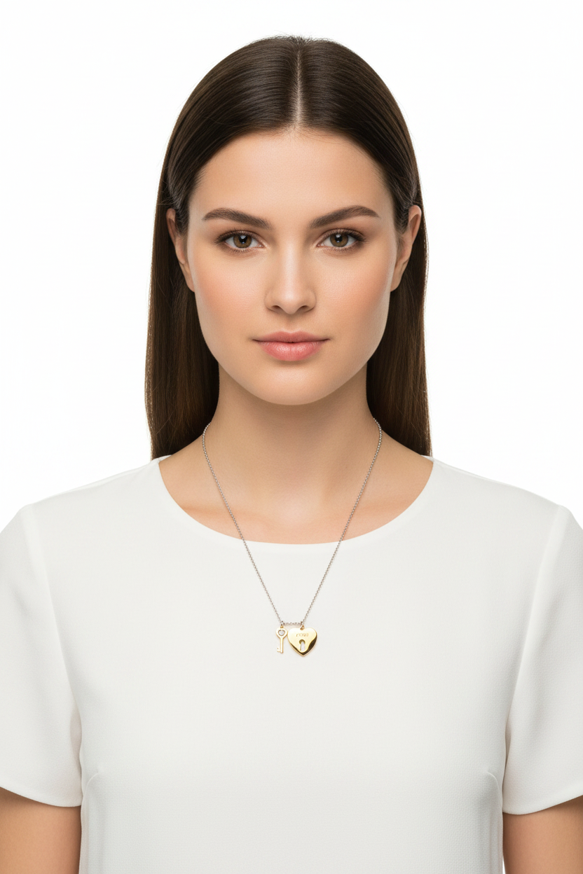 Woman wearing Guess gold heart and key pendant necklace with white top