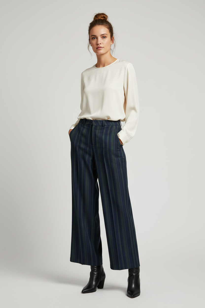 Lifestyle shot of a woman wearing navy striped trousers with a wide leg and pockets in a studio setting.