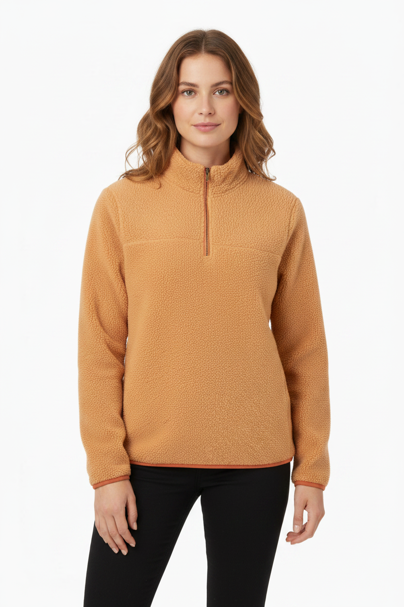 Woman wearing orange sherpa front