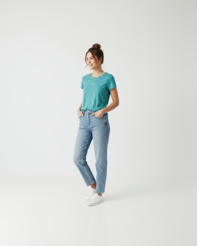 Woman wearing teal t-shirt
