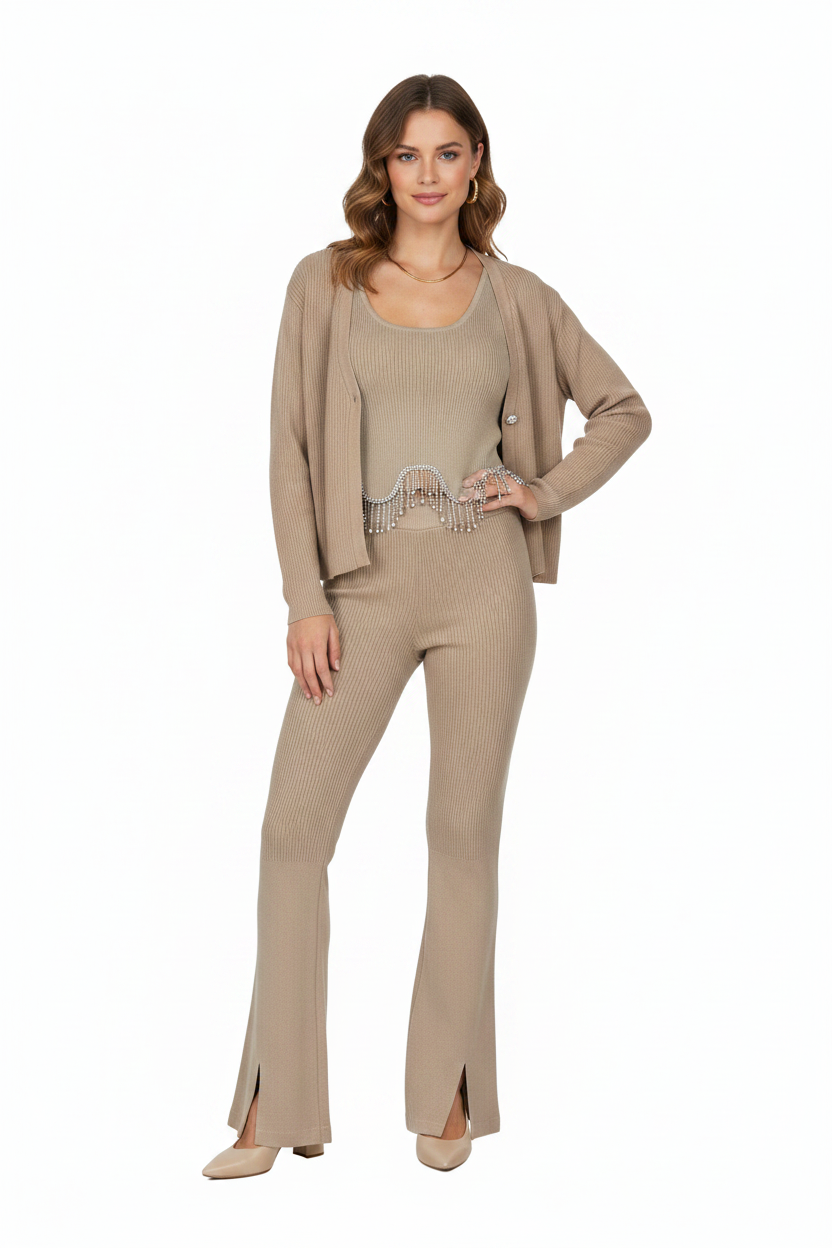 Women wearing the beige ribbed set