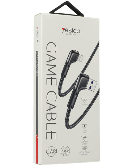 Yesido Game Cable USB-A / Lightning Nylon Angled Cable, 12W 2.4A, Black